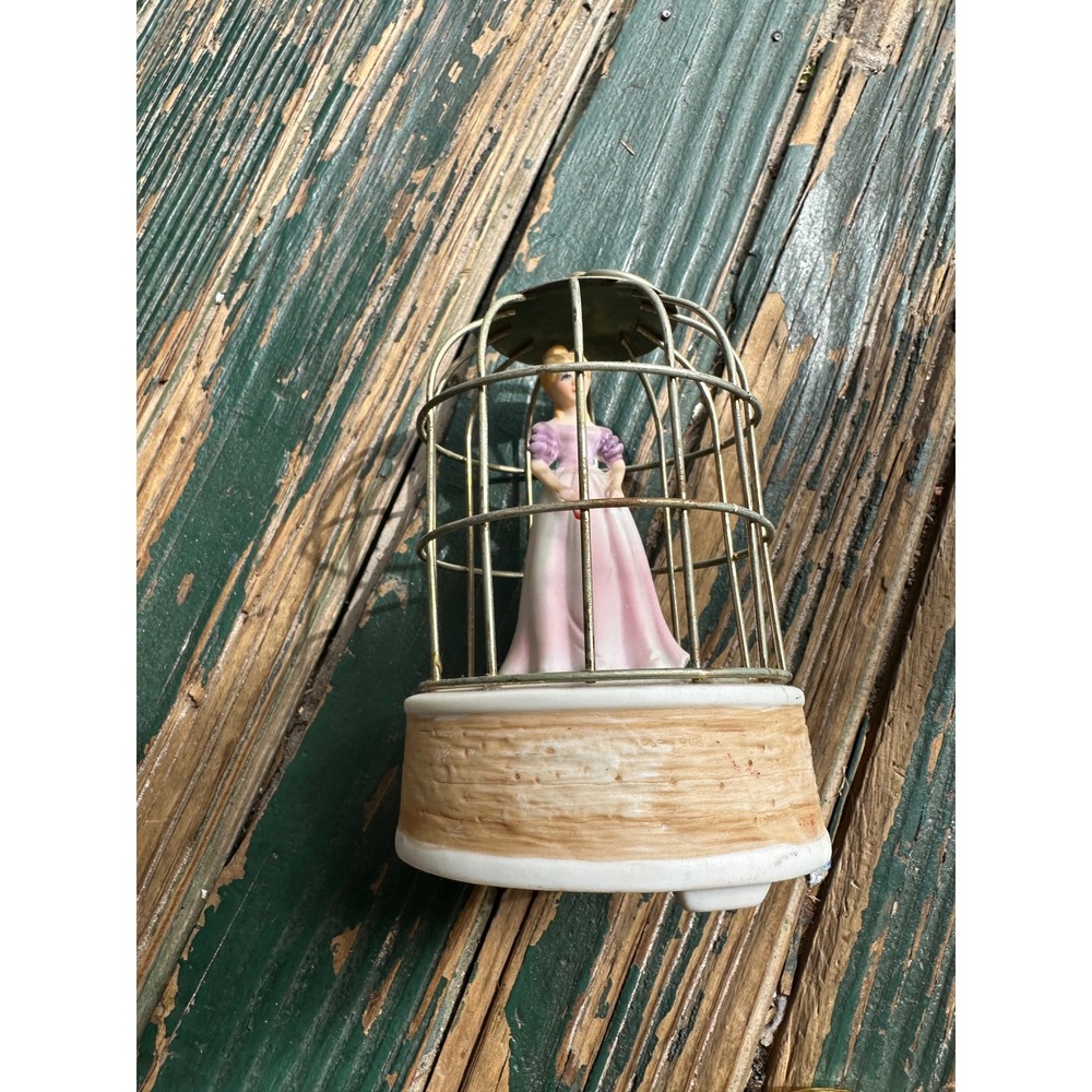 Vintage Japan Music Box Figurine Woman in Birdcage Ceramic Metal Base AS IS